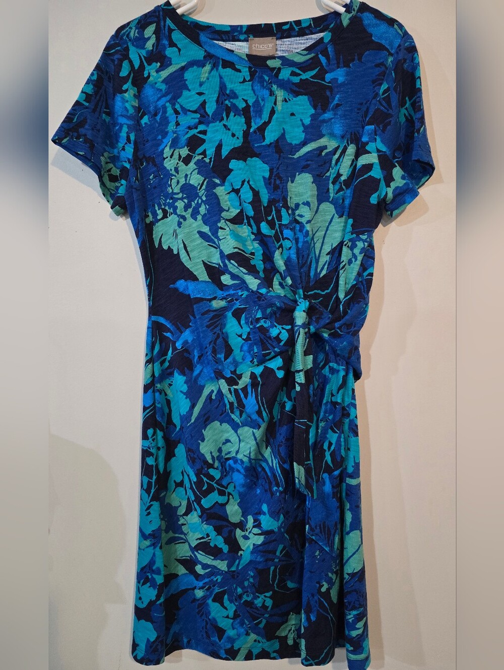 Chico's Teal and Navy Floral Tie-Front Midi Dress. Cotton & Modal Blend